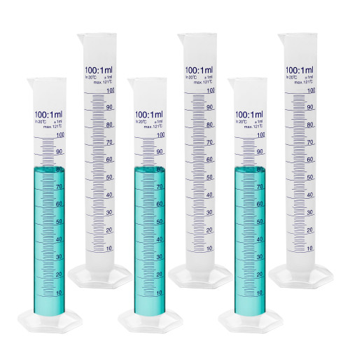 LABINVO 100 mL Graduated Cylinder Set, 6pcs of Blue Printed Plastic Measuring Cylinder, Hexagonal Base, with Spout, IN-MC100