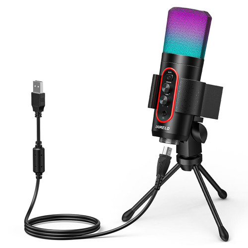 JAMELO USB Microphone, Cardioid Condenser Computer PC Mic with Tripod Stand for Gaming, Streaming, Podcasting, YouTube, Voice Over, Twitch, Compatible with Laptop Desktop(Black)