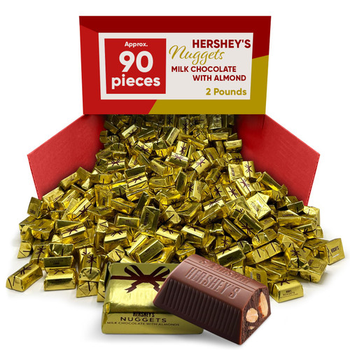 Hershys Milk Chocolate Nuggets With Almonds 2LB - Approx 90 Bulk candy Individually Wrapped Chocolate Bars Gold Foil Mini Bars - Hershys Chocolate Covered Almonds - Bulk chocolate Candy Individually Wrapped Almond Chocolate For Celebrations, Weddings
