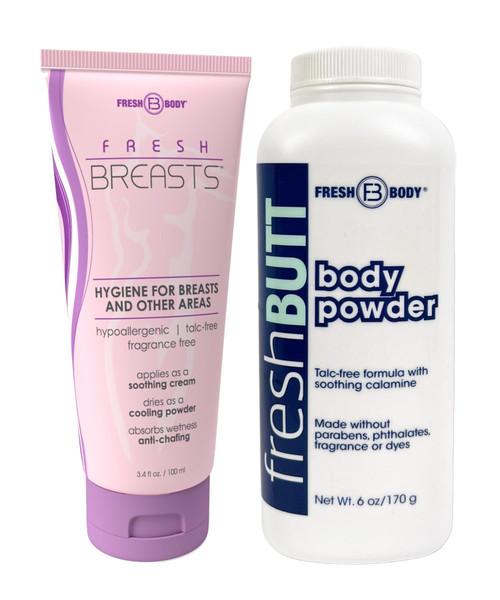 Fresh Body Fresh Breasts Lotion to Powder Deodorant, 3.4oz + Fresh Butt Body Powder for Men and Women - Unscented Deodorant Anti-Chafing, Talc Free, 6oz