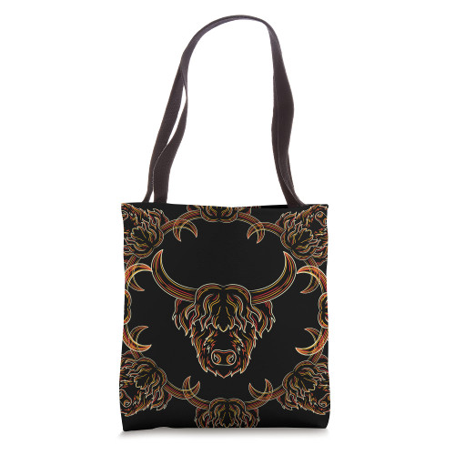 Farmer Farm Animal Sacred Geometry Scottish Highland Cow Tote Bag