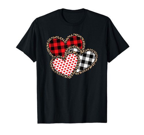 Cute Valentines Day Leopard Plaid Love Heart Women Girls T-Shirt