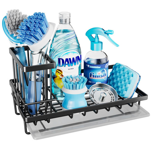 Consumest Sink Caddy-Kitchen Sponge Holder + Dish Brush Holder for Kitchen Sink, Sink Organizer with Drip Tray for Countertop Stainless Steel Rustproof, Black-Large