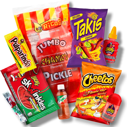 Chamoy Pickle Kit Jumbo Rico - Ready to make Famous Social Media Trend - Lucas Polvo Gusano Skwinkles Salsaghetti Pulparindo Tajin Mexican Candy Mix - Variety Powder Sour Snack Pack With Takis - Cheetos