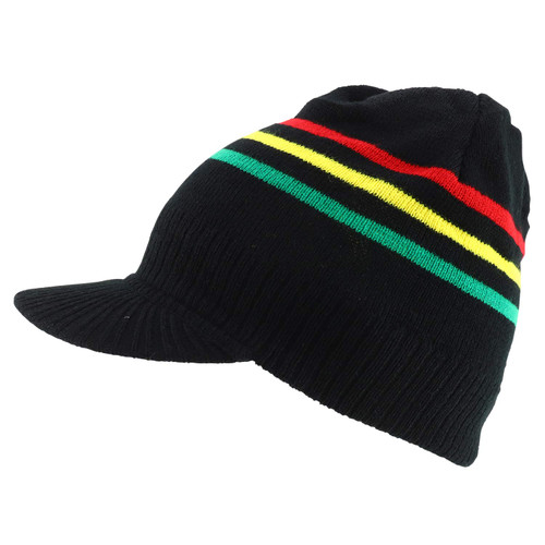 Armycrew RGY Striped Jamaica Rasta Knit Stretchable Beanie Visor Hat - Black RGY