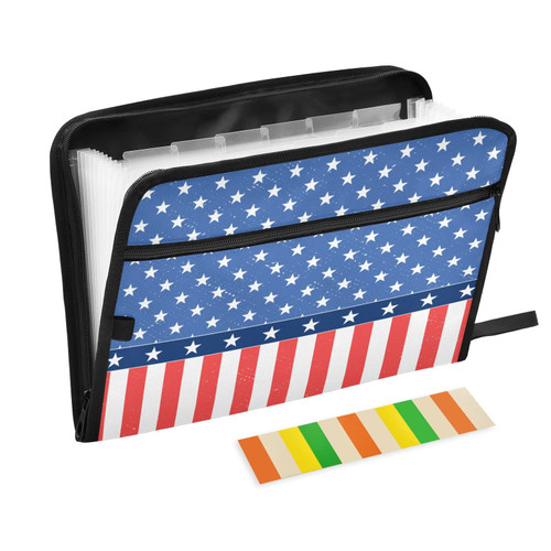 American Flag Expanding File Folder with Sticky Labels, 13 Pockets Accordion File Folder Document Organizer Expandable Zip File Folder with Zipper Closure
