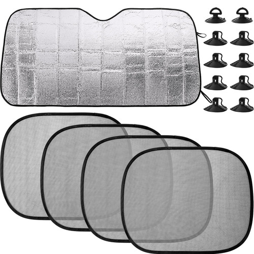 5 Pcs Car Windshield Sunshade and Car Side Window Shades Set Include Windshield Reflective Sun Visor Car Window Covers and 4 Cling Car Window Sun Shade for Side Window, 55.16" x 27.5"