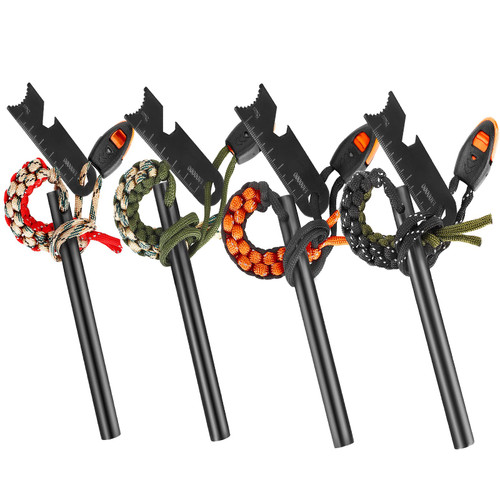 4 Pack Ferrocerium Drilled Flint Fire Starter, Ferro Rod Kit with Paracord Landyard Handle and Striker,Fire Steel for Emergency Survival Kits, Camping, Hiking, All-Weather Magnesium Ferro Rod