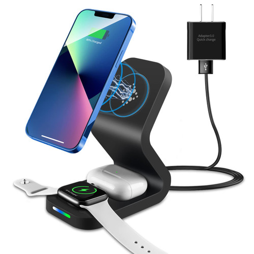 3 in 1 Magnetic Wireless Charger,15W Fast Mag-Safe Charging Station Stand for iPhone 13/13 Pro/13 Pro Max/13 Mini,12/12 Pro/12 Mini/11/X/XR, iWatch 7/SE/6/5/4/3/2,Earbuds 2/Pro(with Adapter) Black