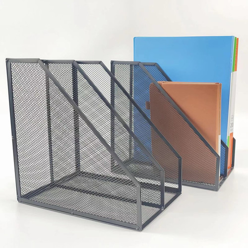 RHONZHAO Desk Organizers Metal Desk Magazine File Holder, 2 Compartments Mesh File Holder, Mesh Desktop Organizer and Storage,Black