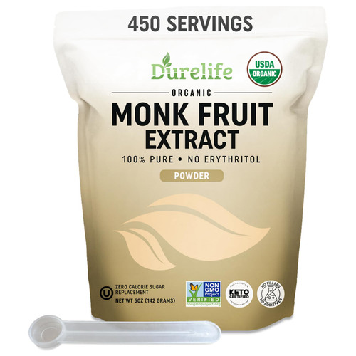Durelife Organic 100% Pure Monk Fruit sweetener, No Erythritol, Monkfruit Extract Powder, USDA organic NON-GMO Project Verified, Keto Certified, OU kosher No Fillers Zero Calorie Sugar Substitute 5OZ
