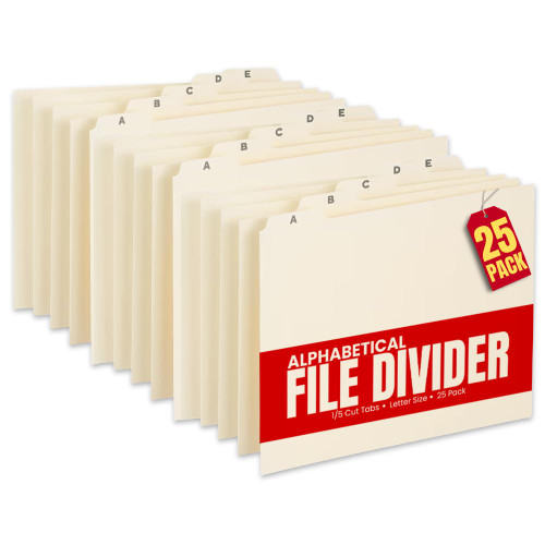 1InTheOffice Alphabetical File Dividers, A-Z Tab Dividers, 1/5 Cut, Letter Size, Manila 8.5"x11", 25 Pack
