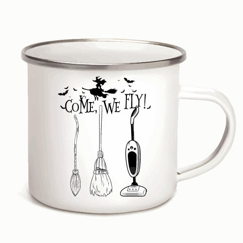 Halloween Gift for Witch Lovers Come Fly with Mop Broom 12oz Enamel Silver Mug