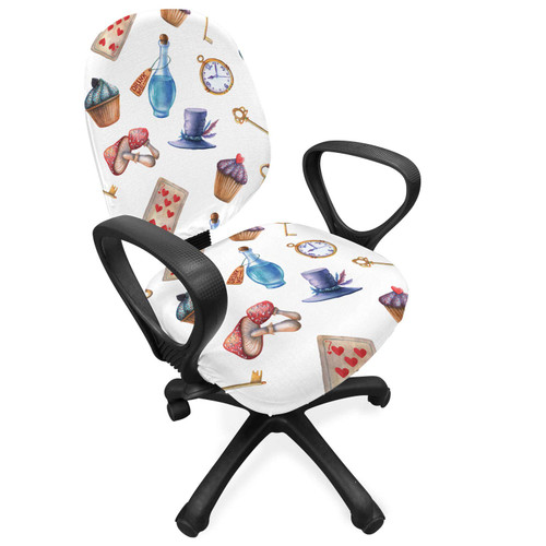 Lunarable Alice in Wonderland Office Chair Slipcover, Cupcakes Mushrooms and Bottles Hanging in Sky Dessert Print, Protective Stretch Decorative Fabric Cover, Standard Size, Blue Red