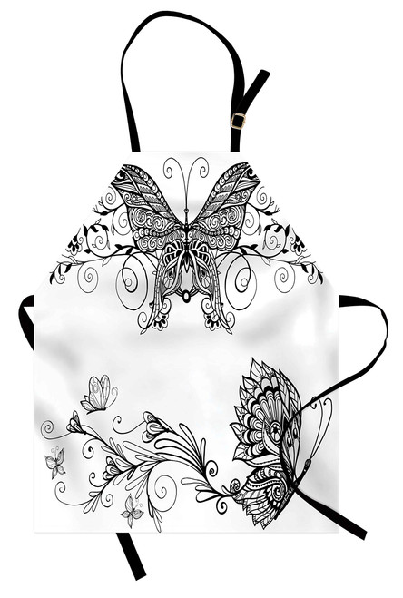 Ambesonne Black and White Apron, Butterfly with Floral Mandala Pattern Bohemian Design with Butterfly Wings, Unisex Kitchen Bib with Adjustable Neck for Cooking Gardening, Adult Size, Black and White