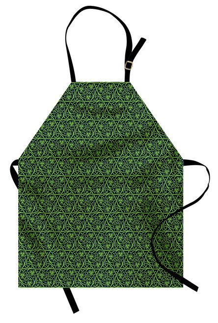Ambesonne Irish Apron, National Foliage Pattern Intricate Twigs and Dots Trefoil Botanical Abstraction, Unisex Kitchen Bib with Adjustable Neck for Cooking Gardening, Adult Size, Lime Green