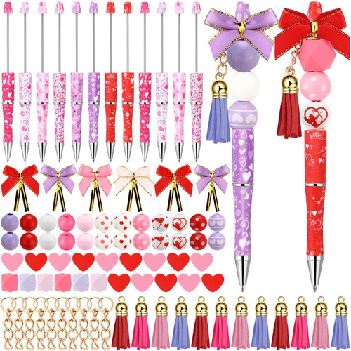 Cholemy 24 Pcs Valentine's Day Beadable Pens, Plastic Bead Pen with Valentine's Day Wood Beads and Accessories, Bow Knot Pink Beaded Pen Bulk Valentine's Day DIY Crafts Pen Set for Gift