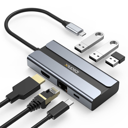iDsonix USB Hub, 6-in-1 USB C Hub Type C Adapter with RJ45 Gigabit Ethernet, 100W Power Delivery-PD Charging, 3 USB 3.0 Ports USB C Dock for MacBook Pro, iPad Pro, Laptop, Type-C Devices