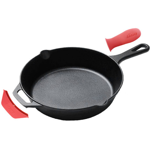 Keleday 10 Inch Cast iron Skillet, Pre-Seasoned Cast Iron Pan with Two Silicone Handles, Deep Cast Iron Frying Pan for Stovetop, Induction, Oven, Campfire