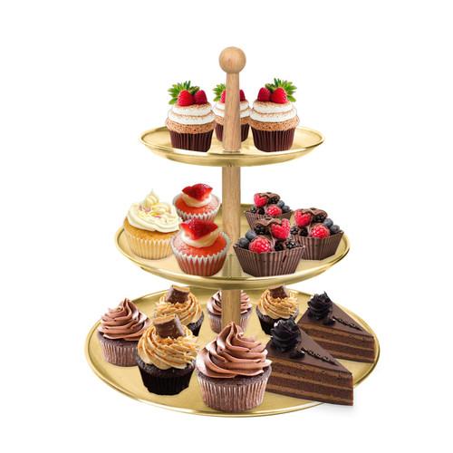 LIAISIMI 3 Tier Cupcake Stand Stainless Steel Dessert Display Rack with Removable Tiered Tray for Parties,Weddings,Birthdays, Decorations,Any Festivals and Festivities (Golden - Oak Pole)