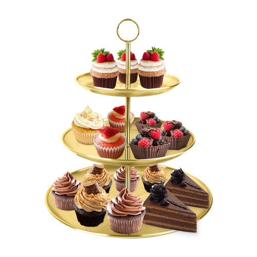 LIAISIMI 3 Tier Cupcake Stand Stainless Steel Dessert Display Rack with Removable Tiered Tray for Parties,Weddings,Birthdays, Decorations,Any Festivals and Festivities (Golden - Stainless Steel Pole)
