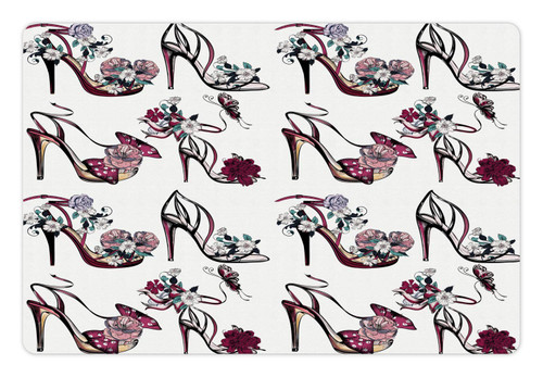Lunarable Fashion Pet Mat for Food and Water, Female Shoes Group with Flower Ornamental Floral Beauty Pattern, Rectangle Non-Slip Rubber Mat for Dogs and Cats, Petrol Blue Magenta Black