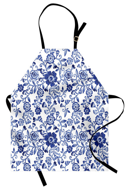 Lunarable Floral Apron, Swirl Flower Pattern Folk Russian Folk Cultural Petals Ornamental Image, Unisex Kitchen Bib Apron with Adjustable Neck for Cooking Baking Gardening, Blue White