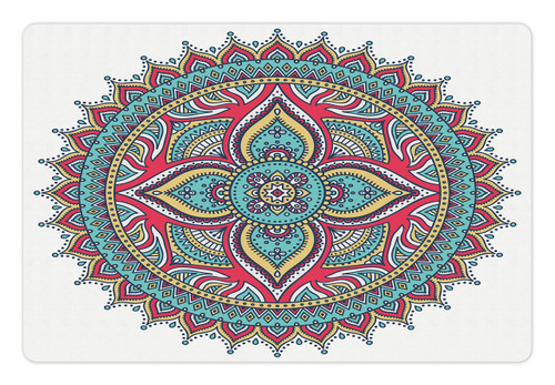 Lunarable Mandala Pet Mat for Food and Water, Eastern Mandala Pattern Bohemian Floral Nature Theme Style Art Image, Rectangle Non-Slip Rubber Mat for Dogs and Cats, Multicolor