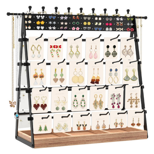Oppro Earring Holder Display Stands for Selling with 48 Hooks, Earring Card Display Rack with Wood Tray for Selling Vendors, Large Capacity Jewelry Rack for Earring Cards Bracelet Necklace (Black)