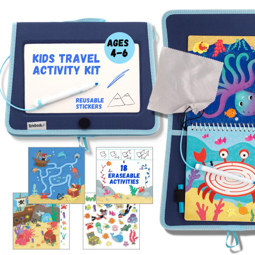 Totebook Dry Erase Kids Activity Book with Tethered Crayola Washable Markers - Portable Travel Car Activities for Kids Ages 4, 5, 6, Drawing Pad, Sketch, Mazes, Tracing, Reusable Stickers (Ocean)