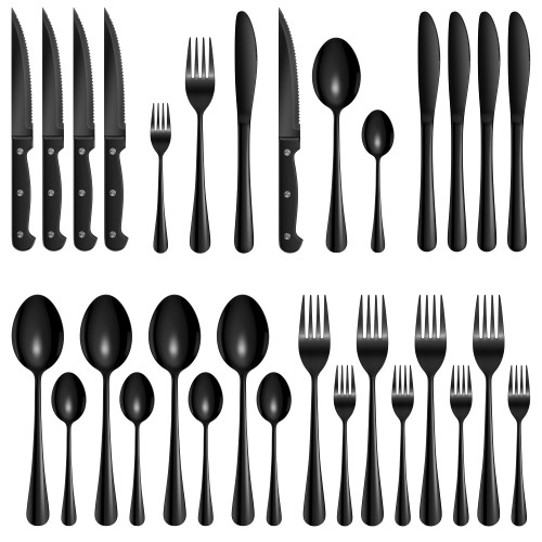 Velaze 24Pcs Black Silverware Set for 4 with Steak Knives, Stainless Steel Flatware Set, Mirror Polished Cutlery Sets, Home Kitchen Eating Tableware Set, Forks Spoons and Knives Set, Dishwasher Safe