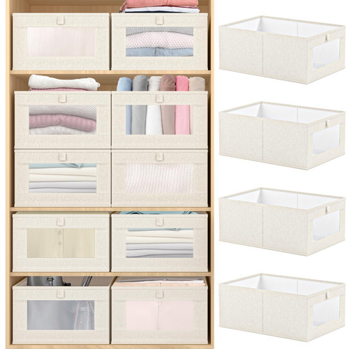 WINSTECK 4 Pack Linen Closet Organizers and Storage Bins, Storage Containers with Clear Window, Large Storage Boxes Baskets for Organizing Clothing, Jeans, Toys, Books, Shelves, Closet, Wardrobe WINSTECK 4 Pack Linen Closet Organizers and Storage Bins, Storage Containers with Clear Window, Large Storage Boxes Baskets for Organizing Clothing, Jeans, Toys, Books, Shelves, Closet, Wardrobe