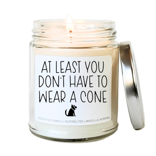 Funny Get Well Soon Candle, Speedy Recovery Post Surgery Gift, At Least You Don't Have To Wear A Cone - 8 oz Candle (Cozy Flannel)