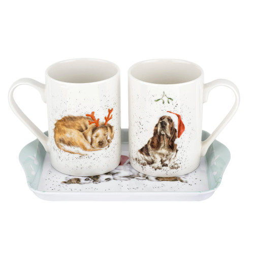 Pimpernel Wrendale Designs Santa Paws Mug and Tray Set | 3-Piece Mug and Tray Gift Set | 10 Oz Coffee Mugs and 8" Tray | Made of Porcelain and Melamine | Dishwasher Safe