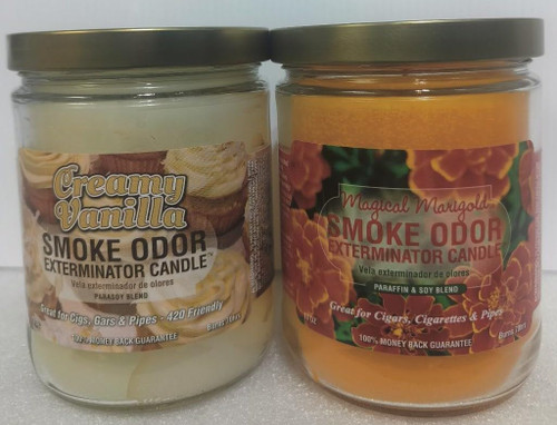 Smoke Odor Exterminator 13oz Jar Candle, Creamy Vanilla 2 Pack. Includes Creamy Vanilla & Magical Marigold.