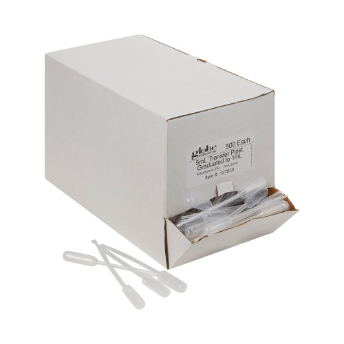 Globe Scientific Transfer Pipettes w/Large Bulb 5 mL, Non-Sterile, Graduated to The 1 mL Mark, LD Polyethylene, 145mm, 137030 (Box of 500)
