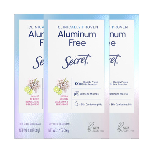 Secret Clinically Proven Aluminum Free Deodorant for Women, Cherry Blossom & Bergamot Scent, 1.4 oz (Pack of 3)