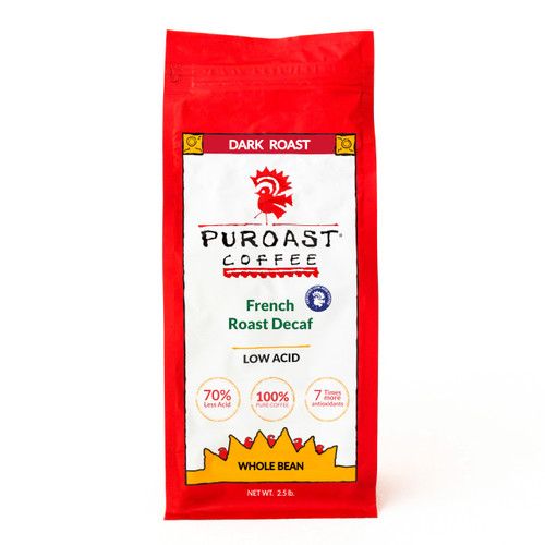 Puroast Low Acid Whole Bean Coffee, Decaf French Roast, 2.5 Pound Bag