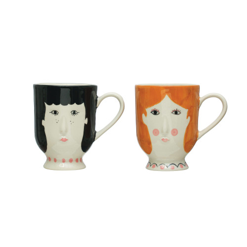 Creative Co-Op Stoneware Painted Faces, Set of 2 Styles, Multicolor Mug, Multi