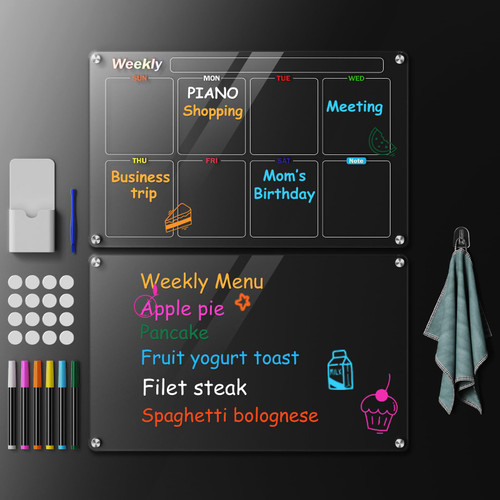 NIFBANG Magnetic Acrylic Calendar for Fridge, 2 Pack 17"x12" Transparent Planning Board Dry Erase for Wall Weekly & Blank Board, Meal Planner Fridge Calendar, Includes 6 Markers 6 Colors