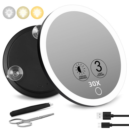 30x Magnifying Mirror with Light, Large 6'' 3 Colors Dimming Lighted 30x Magnified Mirror with 3 Suction Cups, Travel Magnifying Mirror 30x High Magnification Makeup Mirror with Tweezers Scissors