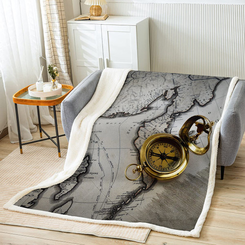 Compass Fleece Throw Blanket Super Soft Cozy Sailing Trip Sherpa Blanket for Kids Women Adults Map Printed Plush Blanket Adventure Theme Fuzzy Blanket for Sofa Bed Couch(30x40 Inches)