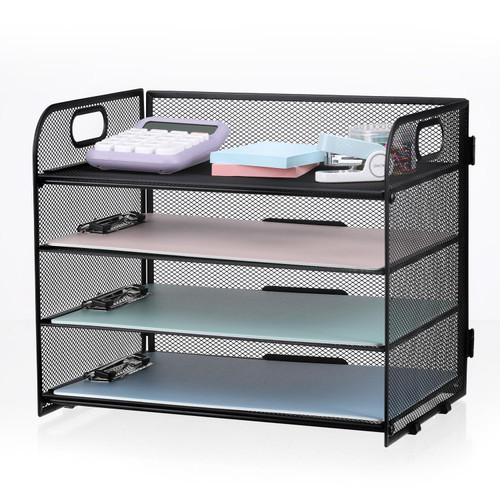 NCXTKJ Mesh Desk Organizer Tray, 4-Tier Paper Letter Tray Organizer with Handle, Metal Desktop Document Shelf File Organizer for Letter/A4 Office Classroom Organization - Black