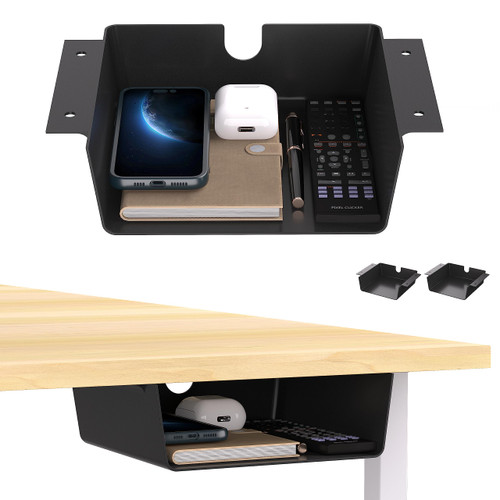 rgcgeem 2 Pack Under Desk Drawer Organizer, Under Desk Storage Shelf for Adjustable Stand Up Desks, Workstations, Gaming, Desk Accessories, Durable Plastic Under Table Storage Shelf - Black