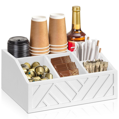 Coffee Bar Accessories and Organizer, Wood Coffee Station Organizer for Coffee Bar Decor, Coffee Pod Syrup Holder, Coffee Bar Condiment Organizer, Coffee Organizer Station for Countertop (White)