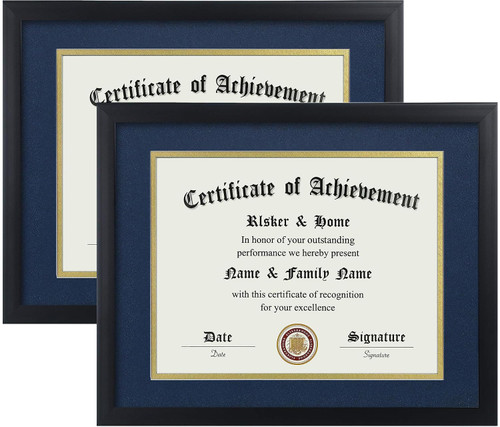 ELSKER&HOME 8.5x11 Certificate Frame with Blue Mat 2Pack- Classic Black Color Frame - Displays Diploma 8.5x11 Inch with Mat - 11x14 Inch Without Mat - For Document/Photo(2 Pack, Matte Blue with Gold