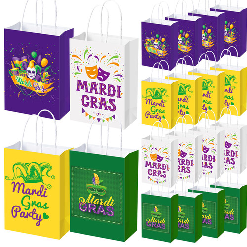Engrowtic 48 Pieces Mardi Gras Gift Bags with Handle Mardi Gras Treat Bags Mardi Gras Party Favors Bags Goodie Candy Treat Bags for Mardi Gras Carnival Party Decorations Supplies, 4 Styles