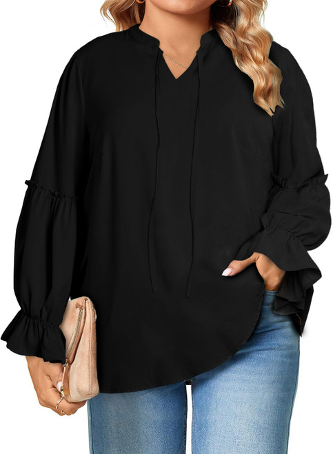 Eytino Women Plus Size Blouse Casual V Neck Ruffle Long Sleeve Drawstring Tops Shirts,Black 4X