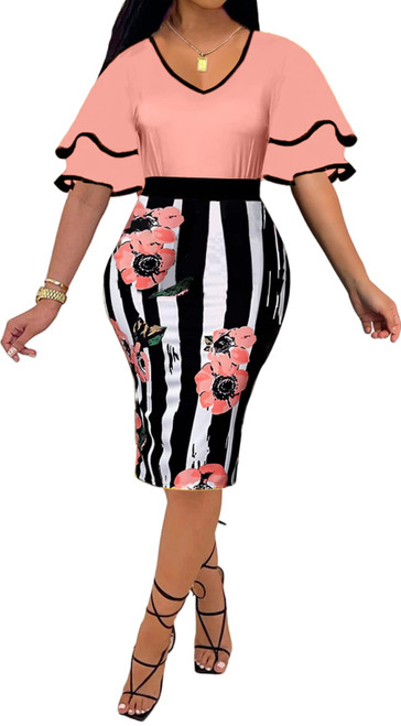 FoveNK Pencil Dress for Women Business Elegant V-Neck Ruffle Sleeve Bodycon Church Pink Dresses Business with Zipper