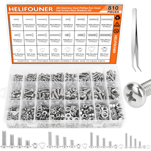 HELIFOUNER 810 Pieces M3 M4 M5 M6, 304 Stainless Steel Phillips Pan Head Machine Screws Bolts Nuts Washers Hardware Assortment Kit HELIFOUNER 810 Pieces M3 M4 M5 M6, 304 Stainless Steel Phillips Pan Head Machine Screws Bolts Nuts Washers Hardware Assortment Kit